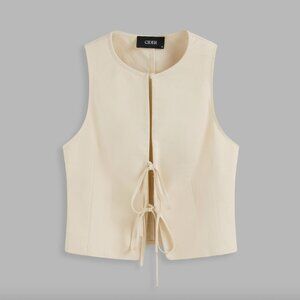 Linen-blend Round Neckline Solid Knotted Cut Out Top